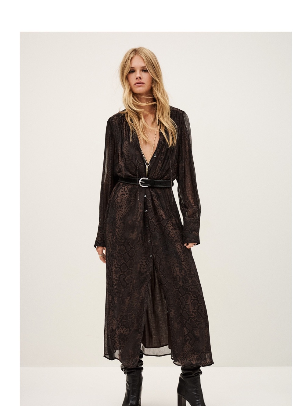 ba&sh Brown Long Sleeve Snake Print Maxi Dress